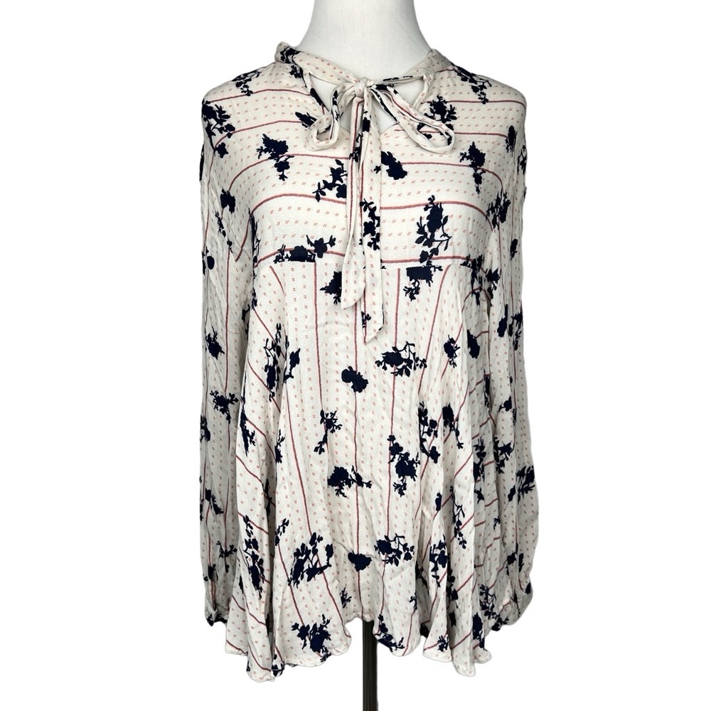 MAX Jeans Flowy Boho Floral Long Sleeve Blouse with Tie Neck Bow